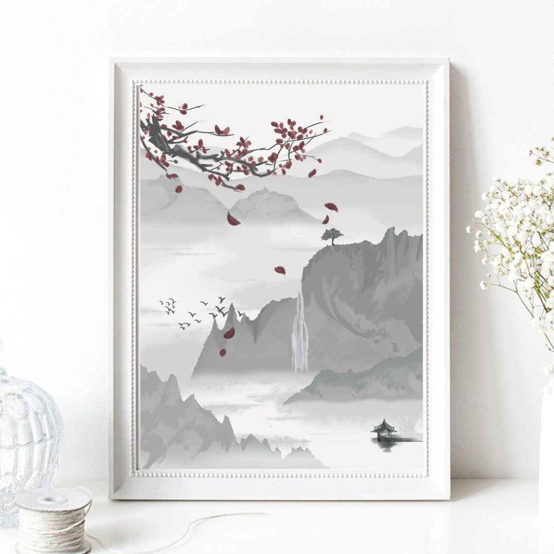 Asian Ink Wash Mountain Waterfall Pagoda Red Blossom Petals Poster