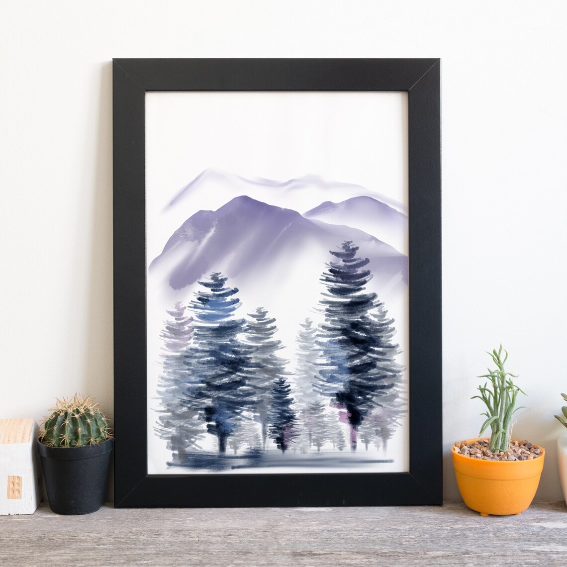 Misty Purple Mountain Landscape Pine Forest Watercolor Wall Art - Image 3