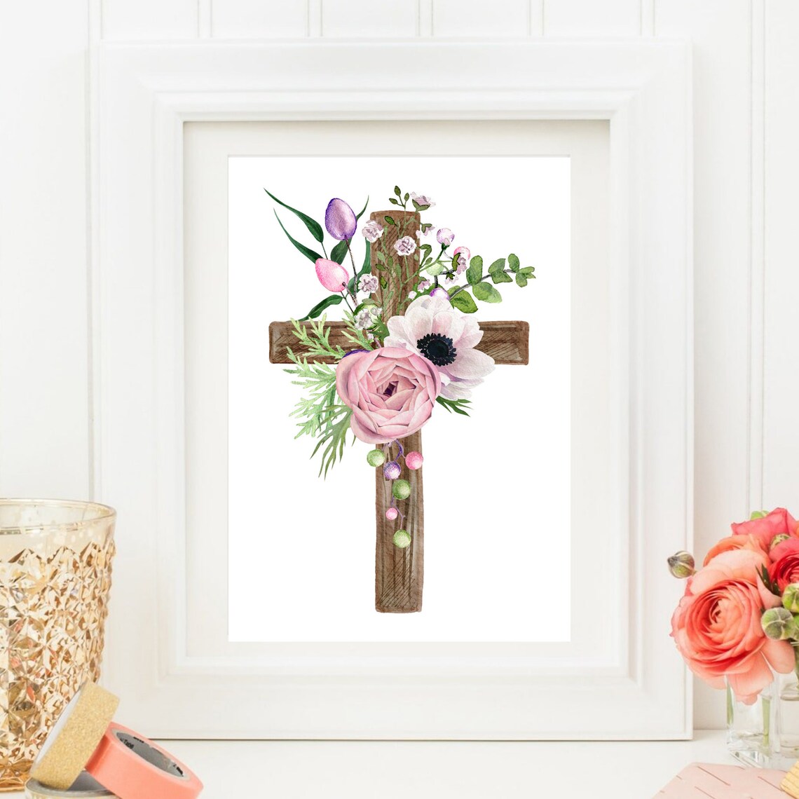 Wooden Cross With Pink Roses Floral Watercolor Christian Art Print