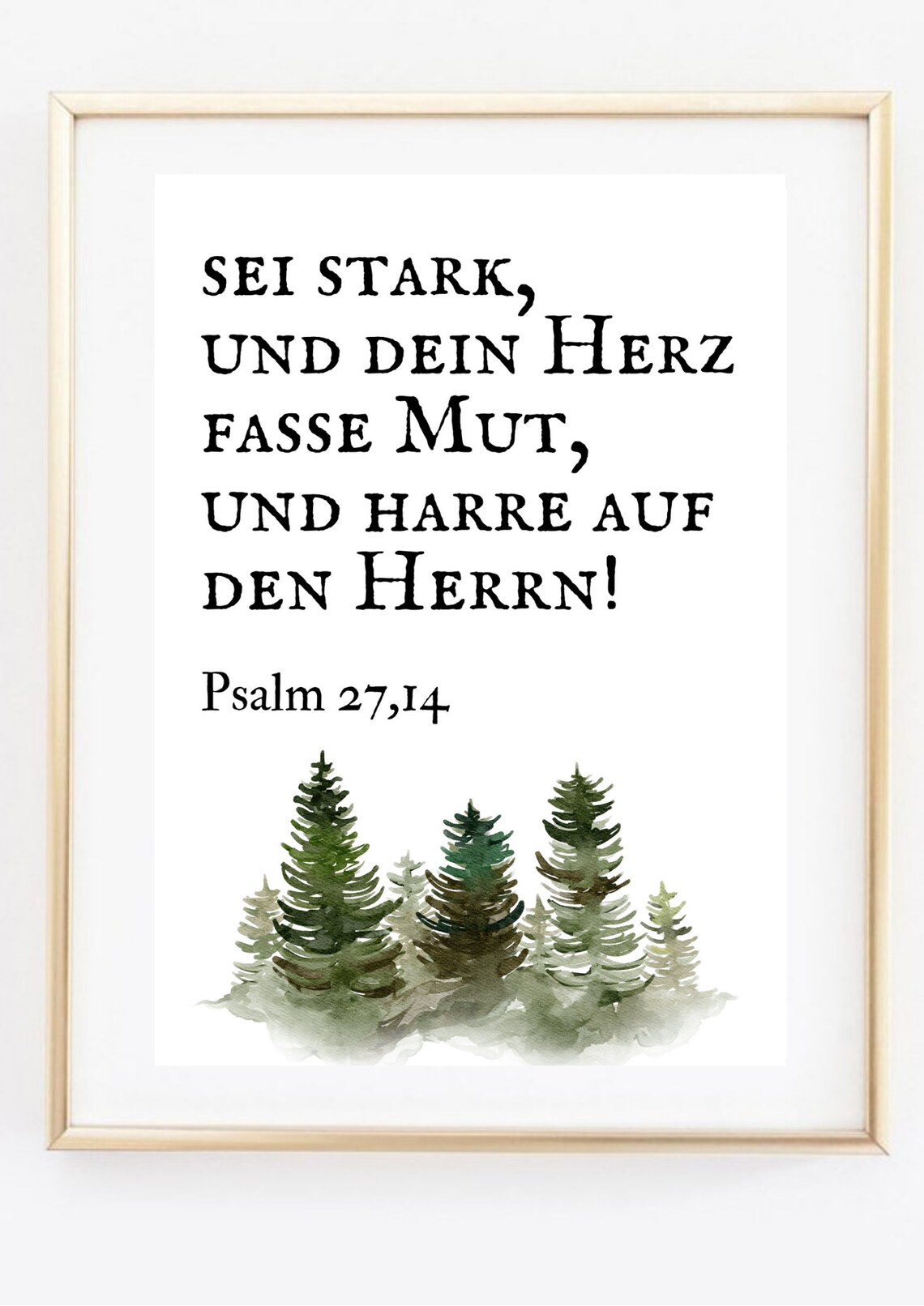 German Bible Verse Psalm 27 Be Strong Watercolor Fir Tree Faith Art Poster - Image 3