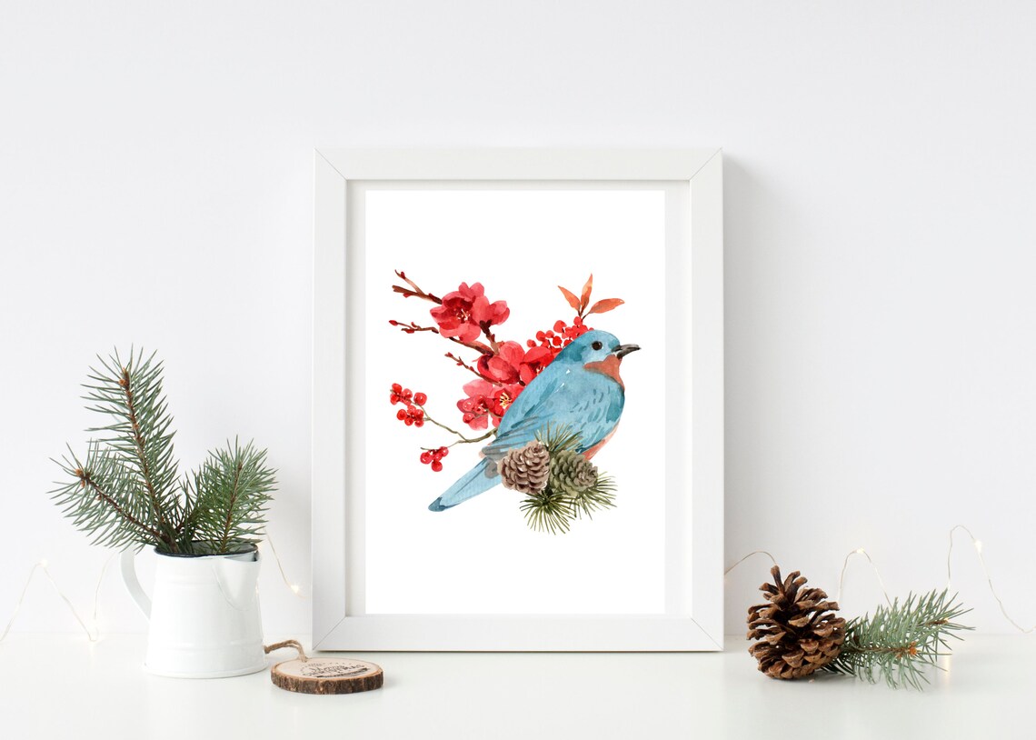 Blue Winter Bird with Red Blossoms Watercolor Christmas Decor Poster
