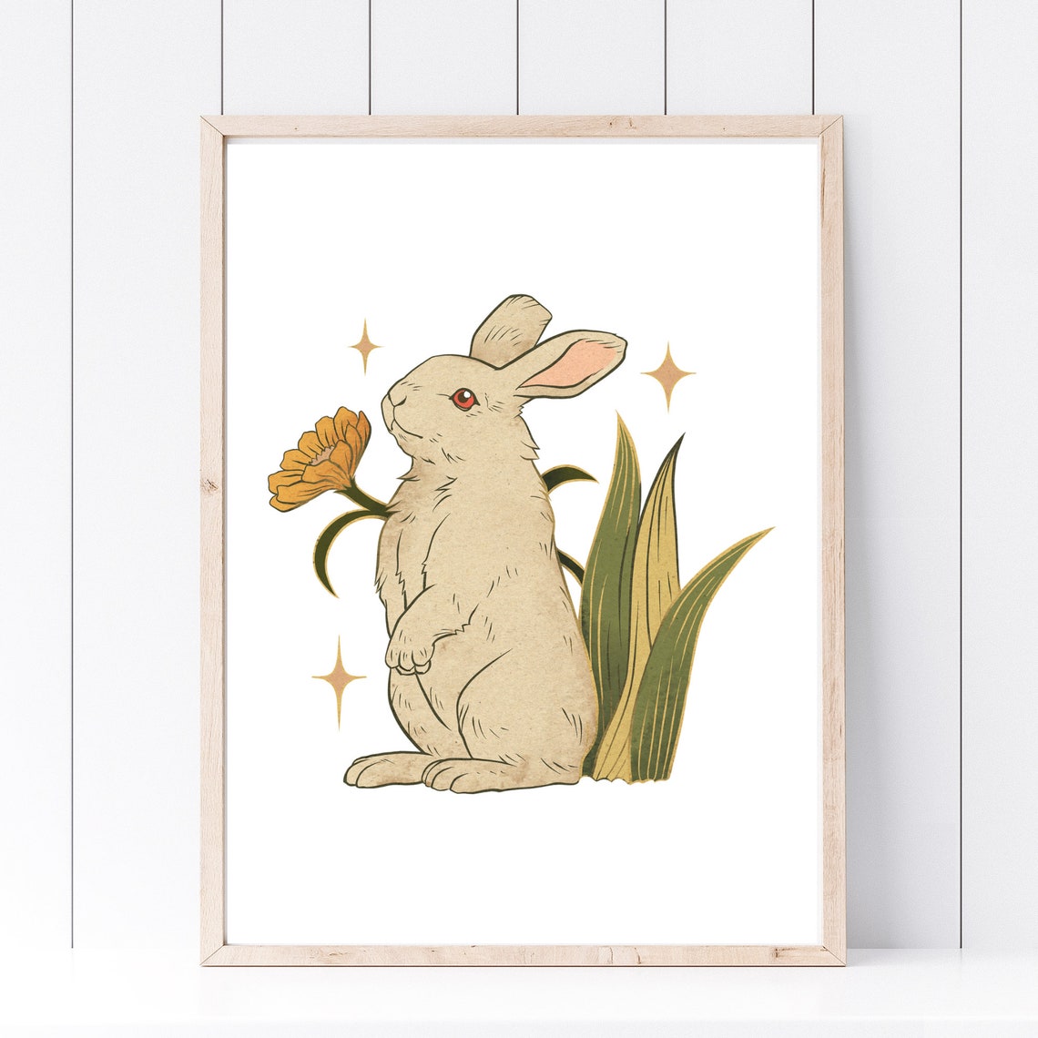 Cute Rabbit Sniffing Orange Flower Vintage Style Animal Art Print - Image 2