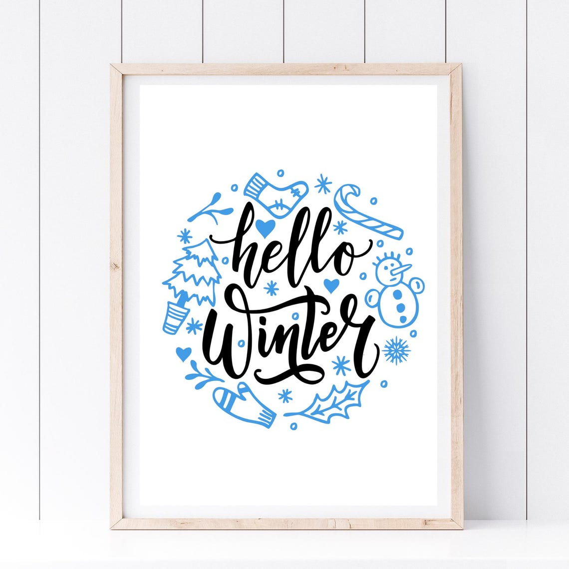 Hello Winter Blue Winter Doodle Wreath Hand Lettered Holiday Poster