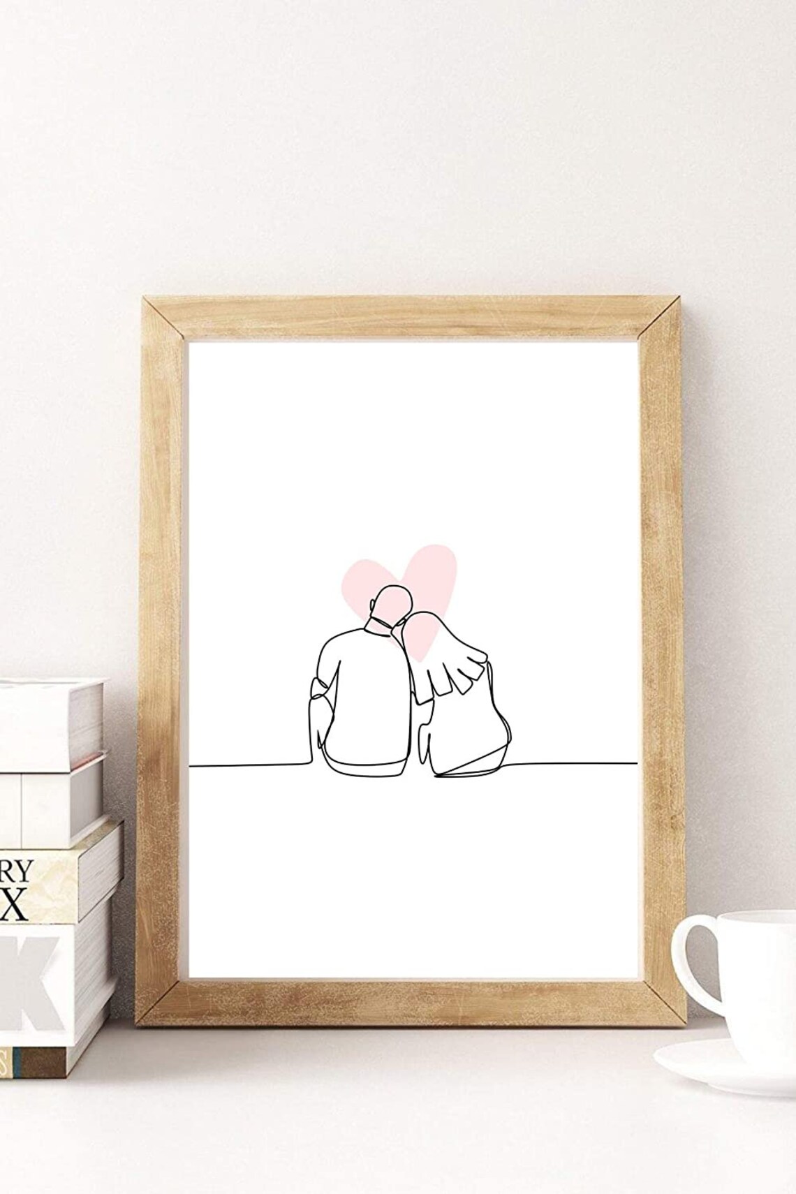 Couple Line Art Pink Heart Minimalist Love Drawing Wall Poster