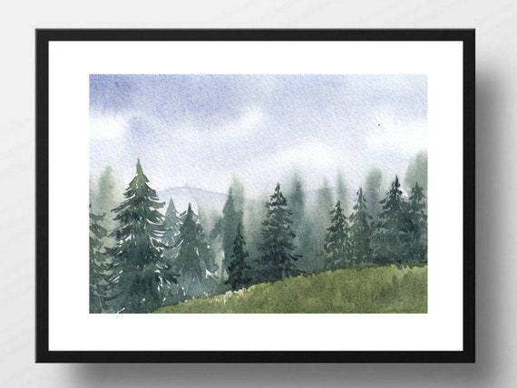 Din A4 Art Print Without Frame Watercolor Forest Fir Landscape Nature Romance Tranquility Relaxation Print Poster Picture
