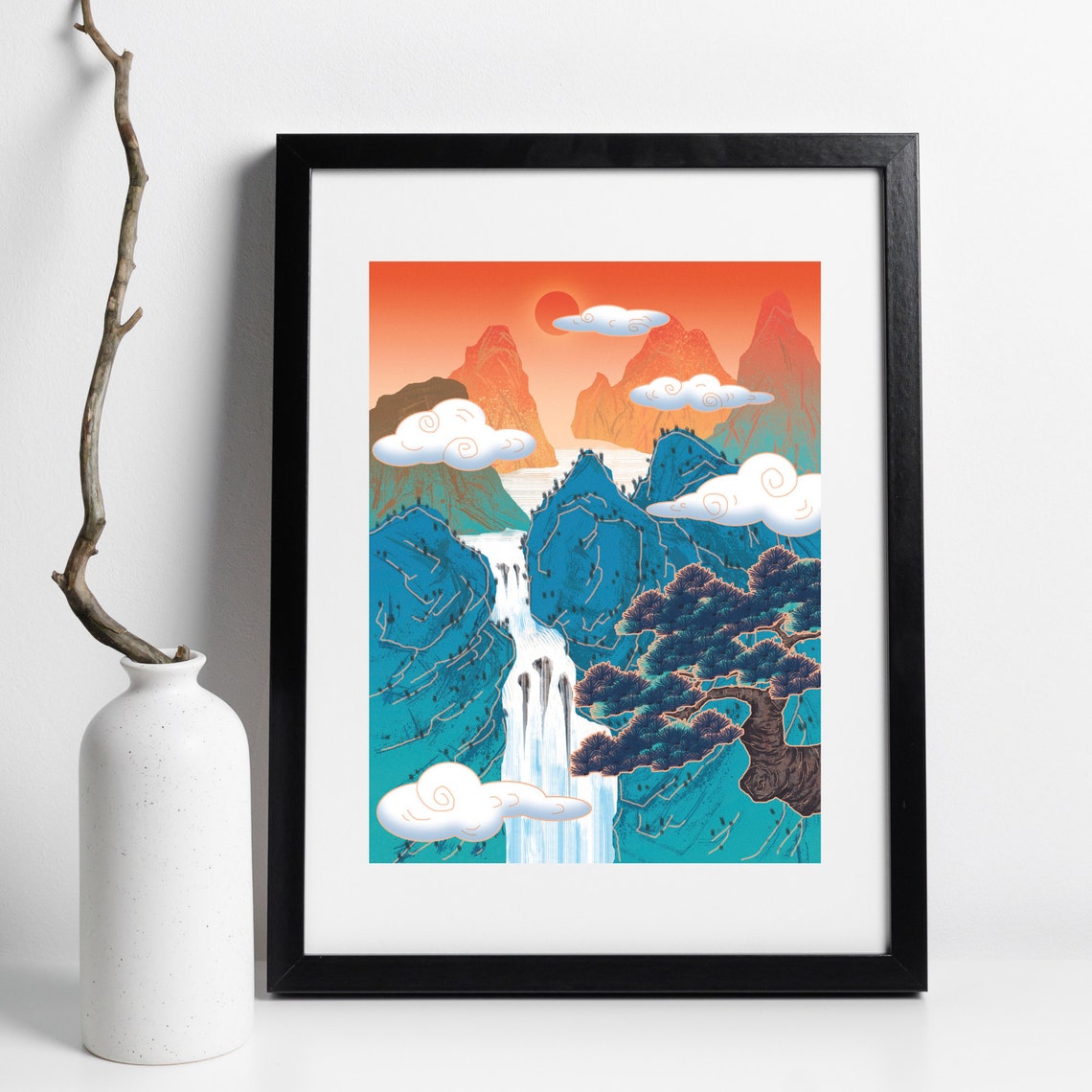 Colorful Asian Waterfall Mountain Sunset Pine Tree Ink Style Poster - Image 2