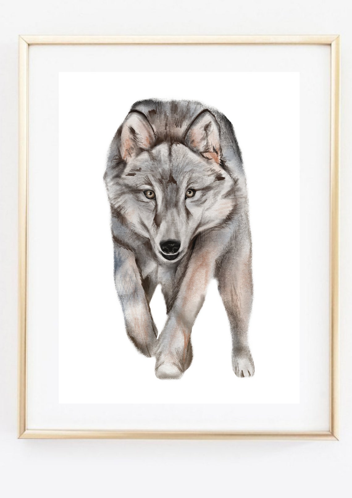 Grey Wolf Front View Watercolor Full Body Forest Animal Art Poster - Image 3
