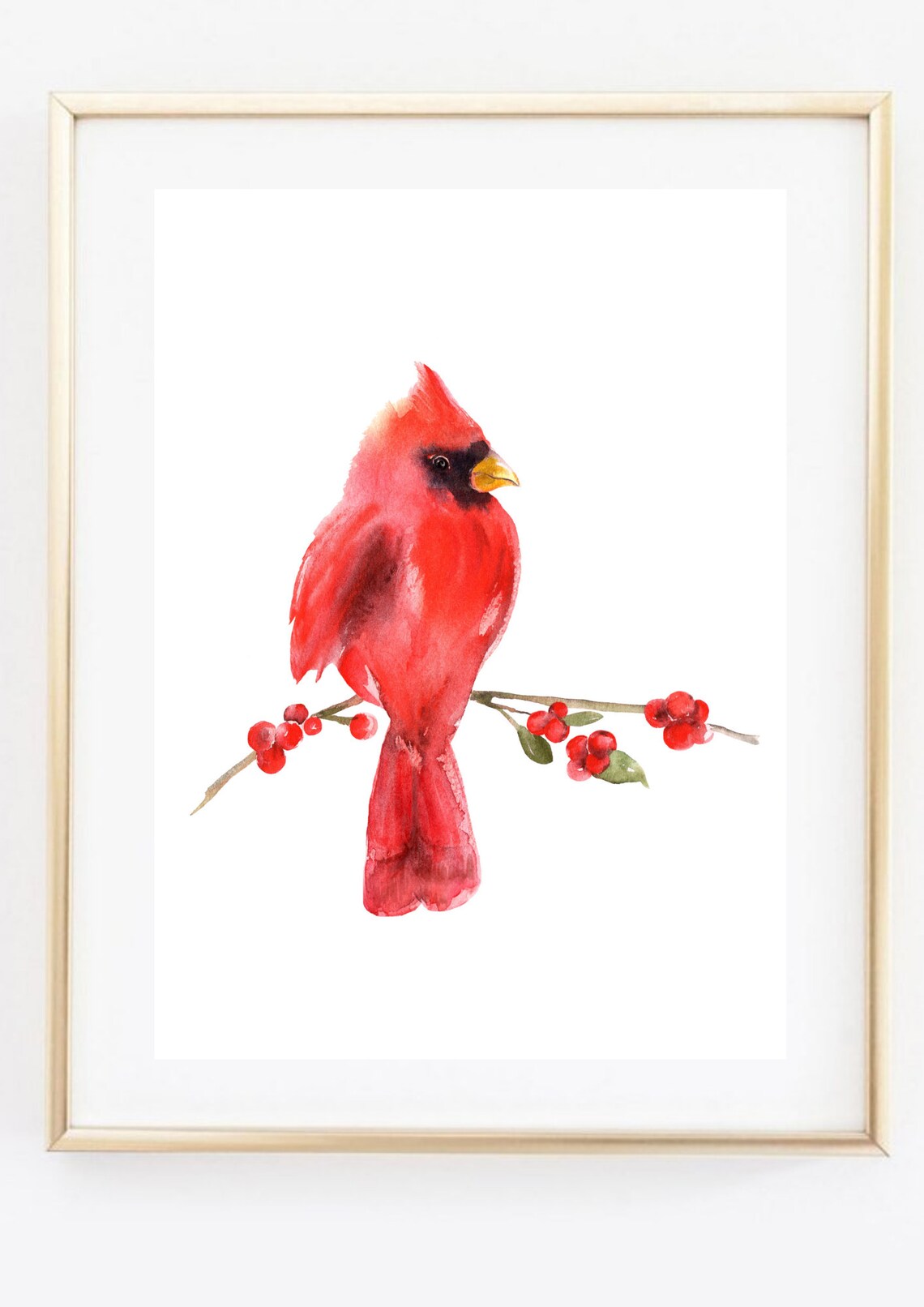 Red Cardinal Bird Watercolor Perched Berry Branch Songbird Poster - Image 3