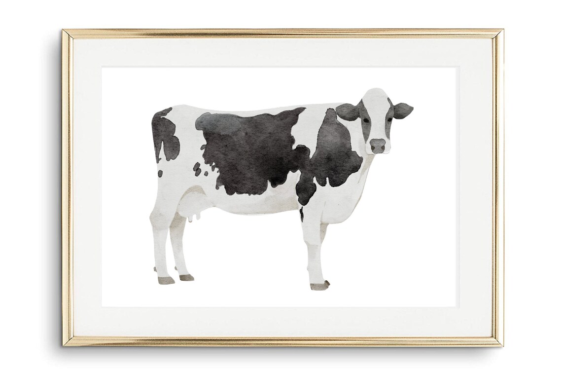 Black And White Cow Watercolor Farm Animal Minimalist Wall Art Poster - Image 3