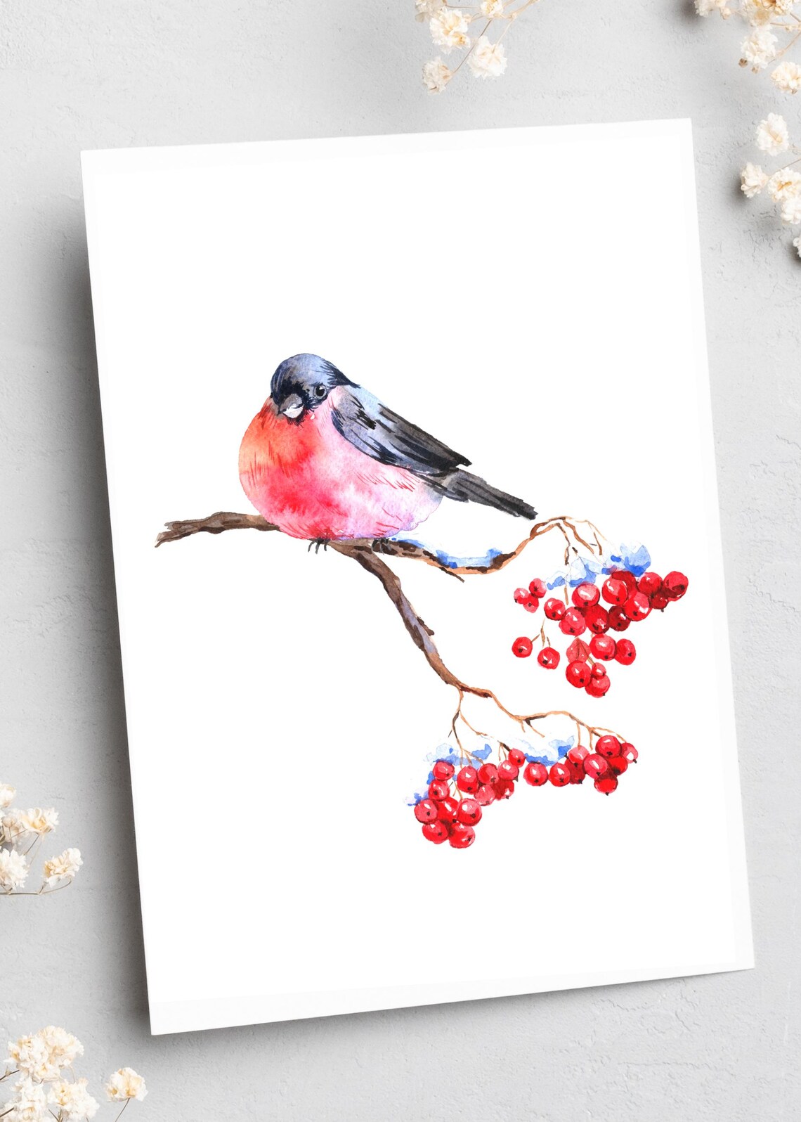 Red Bullfinch Perched on Snowy Red Berries Branch Watercolor Print - Image 2
