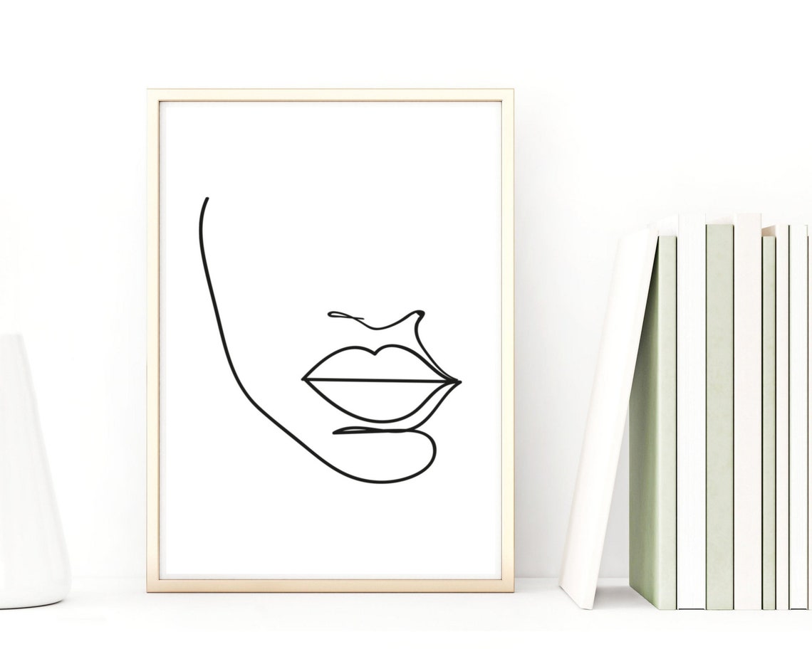 Minimalist Lips Line Drawing Modern Face Art Illustration Poster