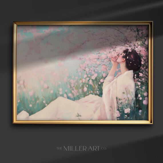Woman Under Cherry Blossoms Vintage Impressionist Pastel Wall Art