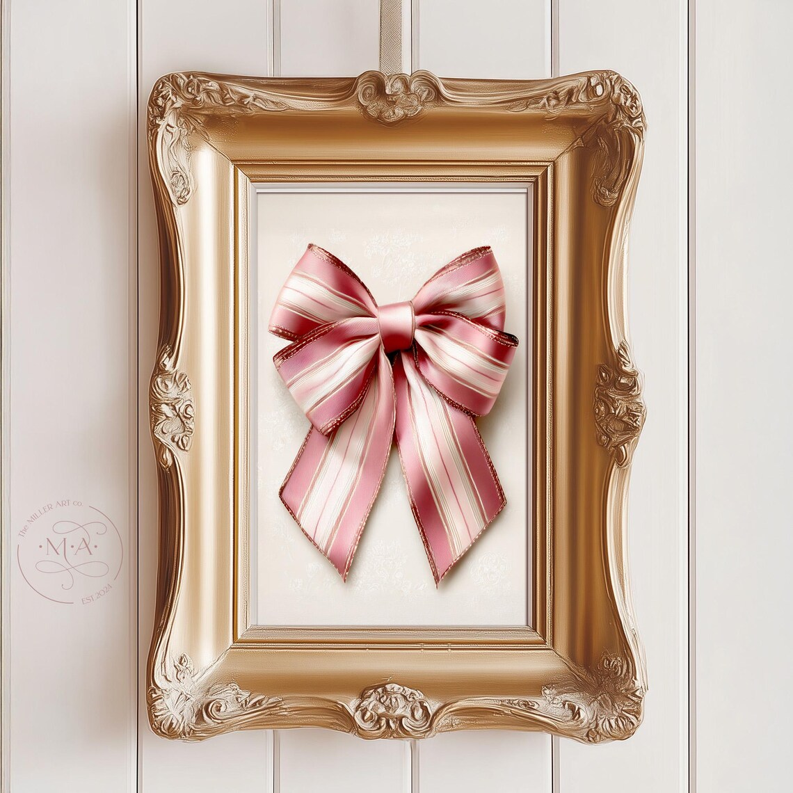 Pink Striped Bow Print Coquette Nursery Art