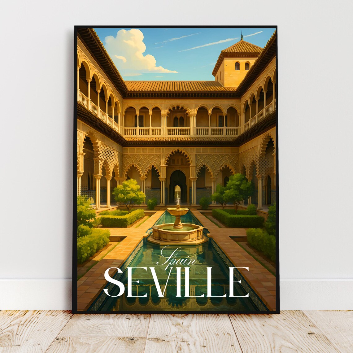 Seville Spain Moorish Alcazar Courtyard Fountain Travel Poster