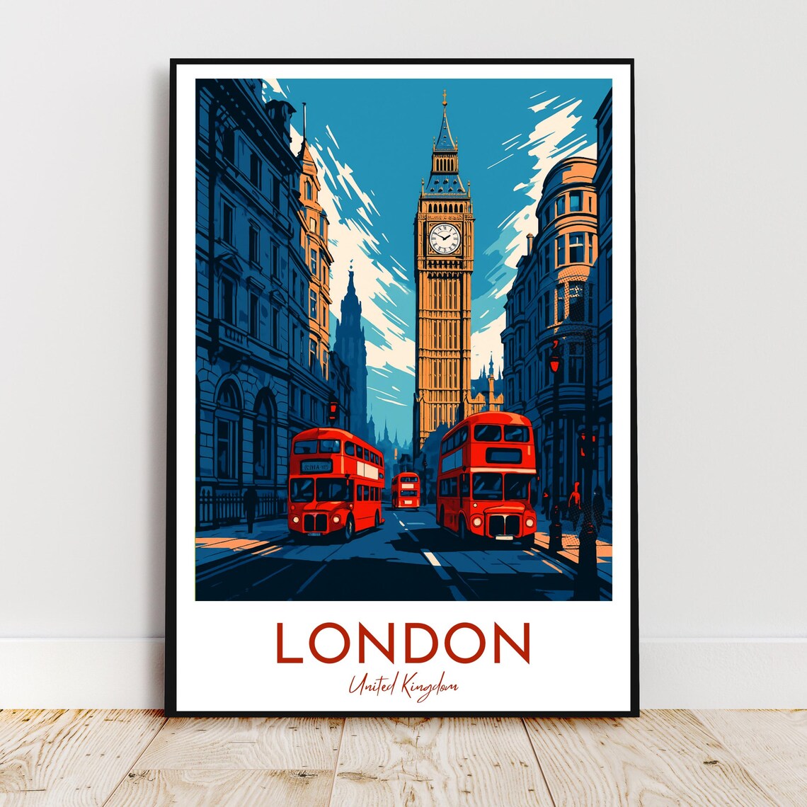 London Big Ben and Red Double Decker Buses Retro Travel Poster