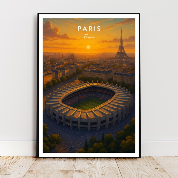 Paris Parc des Princes Stadium Eiffel Tower Sunset Travel Poster