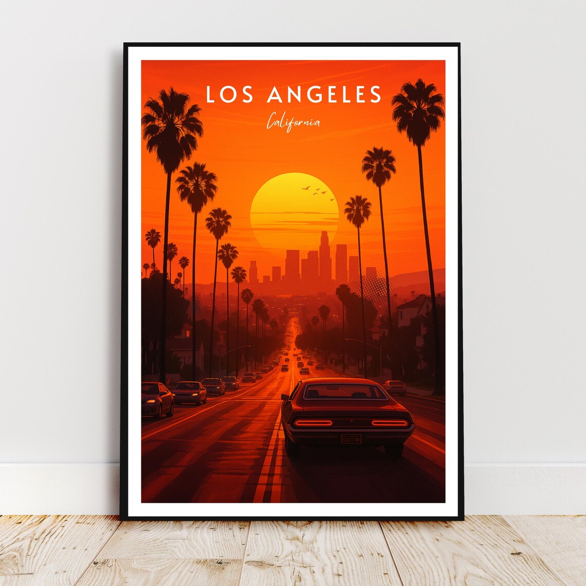 Los Angeles California Sunset Poster Palm Trees Downtown Skyline Art