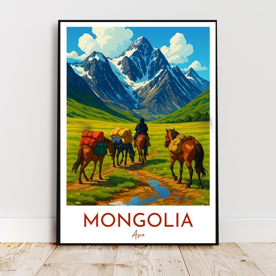 Mongolia Altai Mountains Horse Caravan Vintage Travel Poster