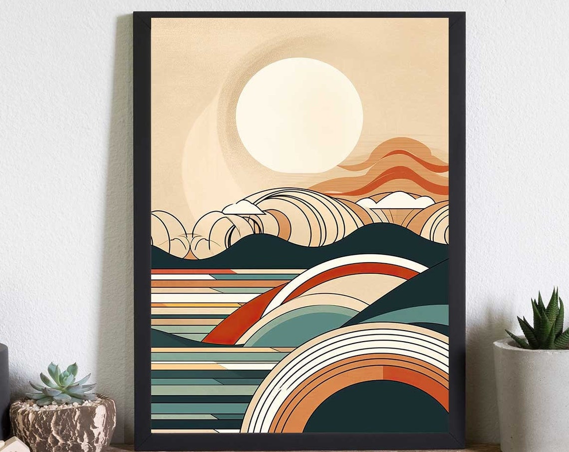 Mid Century Modern Surf Ocean Sunset With Bold Sun Waves Poster