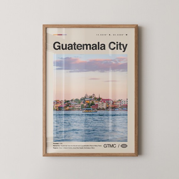 Guatemala City Lakeside Waterfront Sunset Boats Travel Poster
