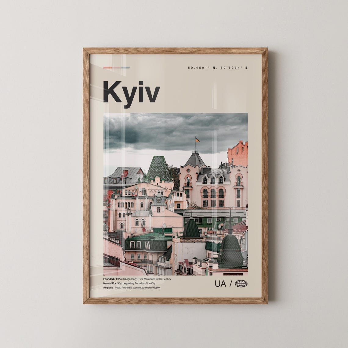 Kyiv Old Town Rooftops Photo UA City Coordinates Travel Poster
