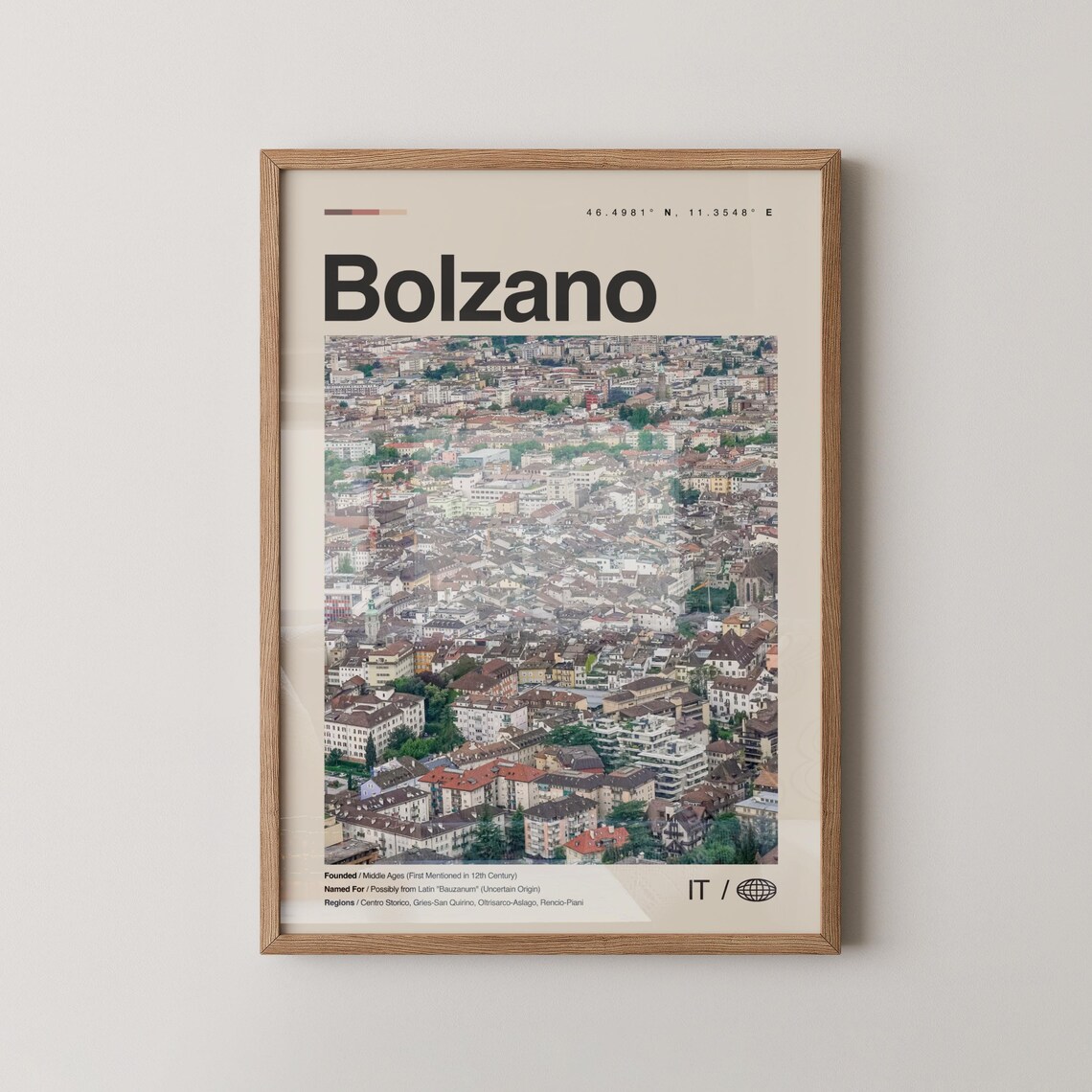 Bolzano Italy City Aerial Photo Poster Minimal Travel Typography