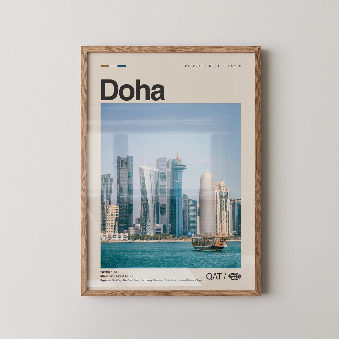 Doha Skyline Travel Poster Qatar Corniche Photo with City Coordinates