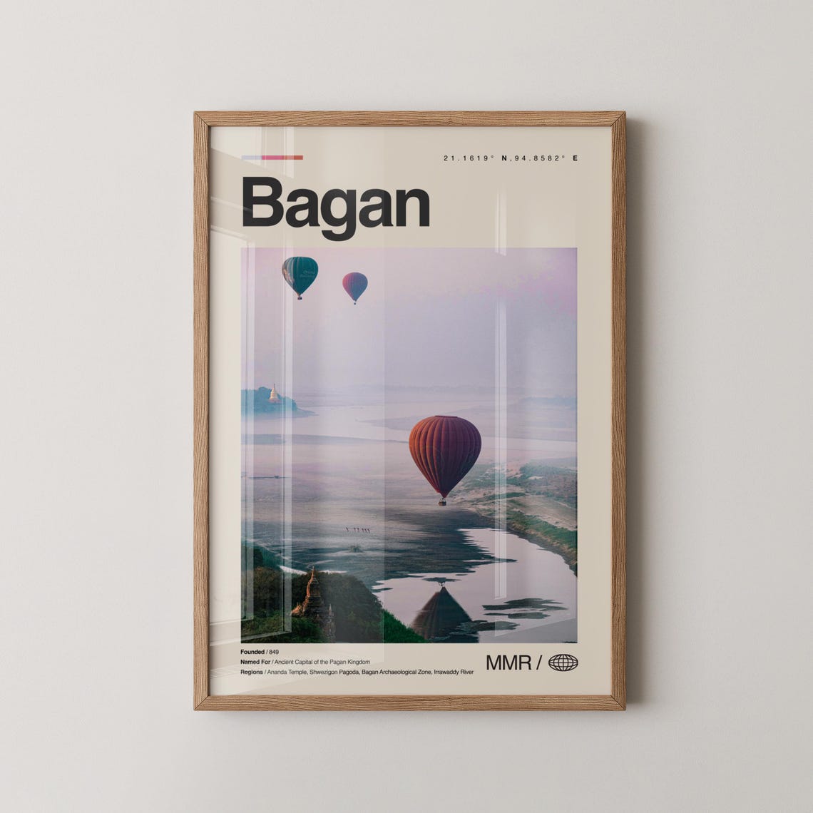Bagan Myanmar Travel Art Hot Air Balloons Temple Sunrise Print