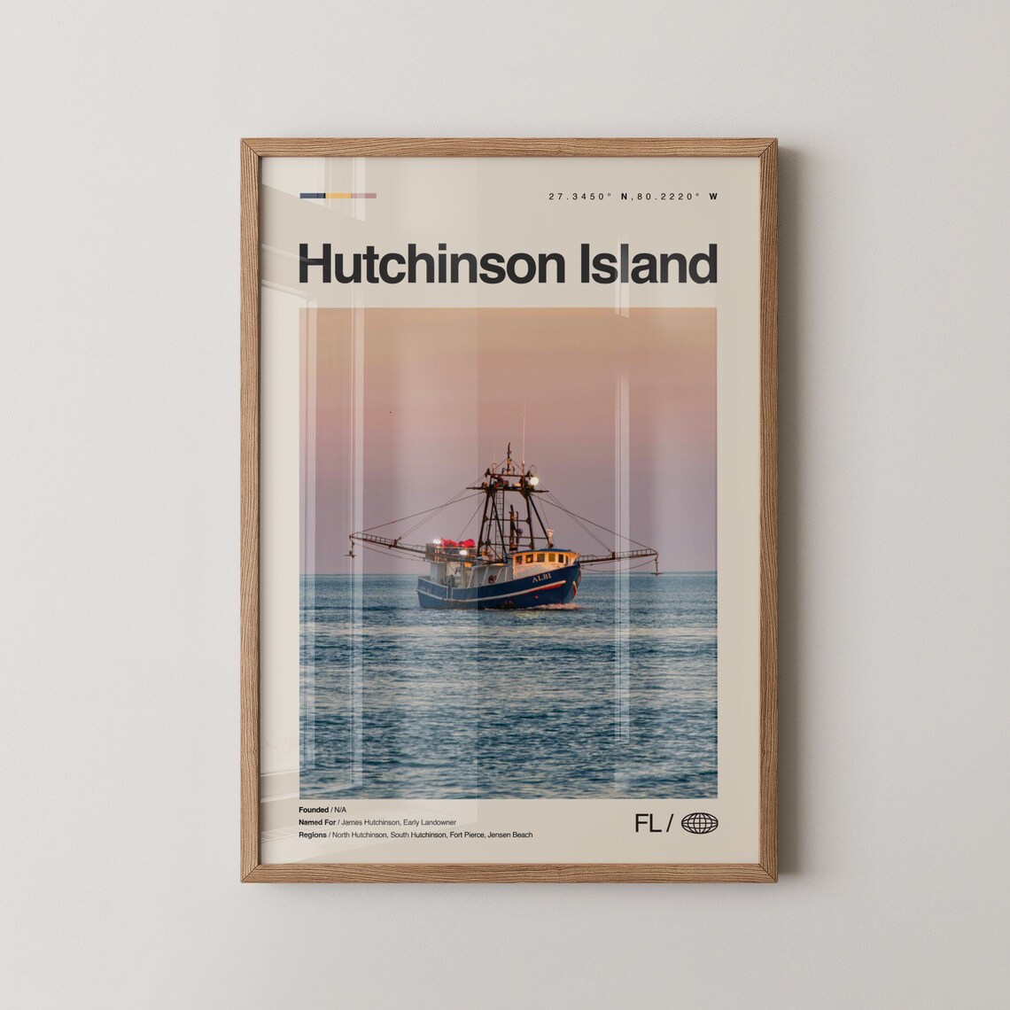 Hutchinson Island Florida Travel Poster Fishing Boat Sunset View
