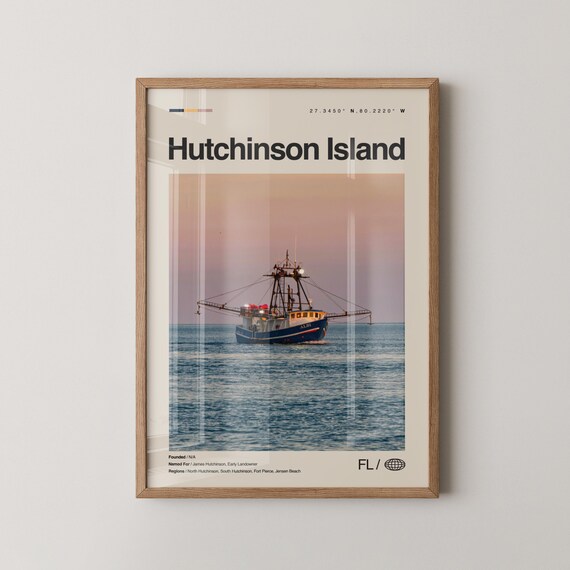 Hutchinson Island Florida Travel Poster Fishing Boat Sunset View