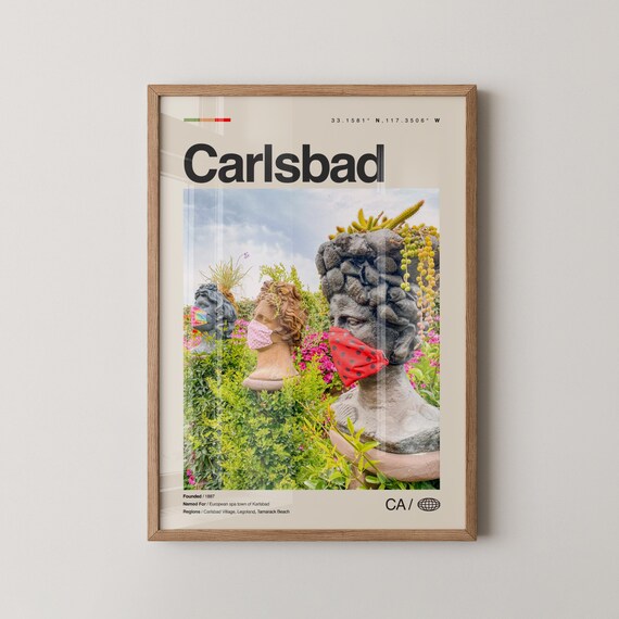 Carlsbad California Garden Busts with Masks Quirky Travel Poster