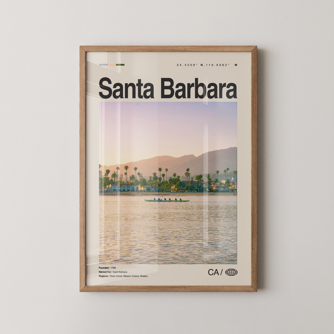 Santa Barbara Waterfront Sunset Rowers Palm Trees Beach Travel Poster Art