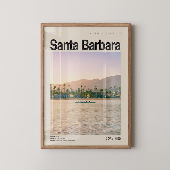 Santa Barbara Waterfront Sunset Rowers Palm Trees Beach Travel Poster Art