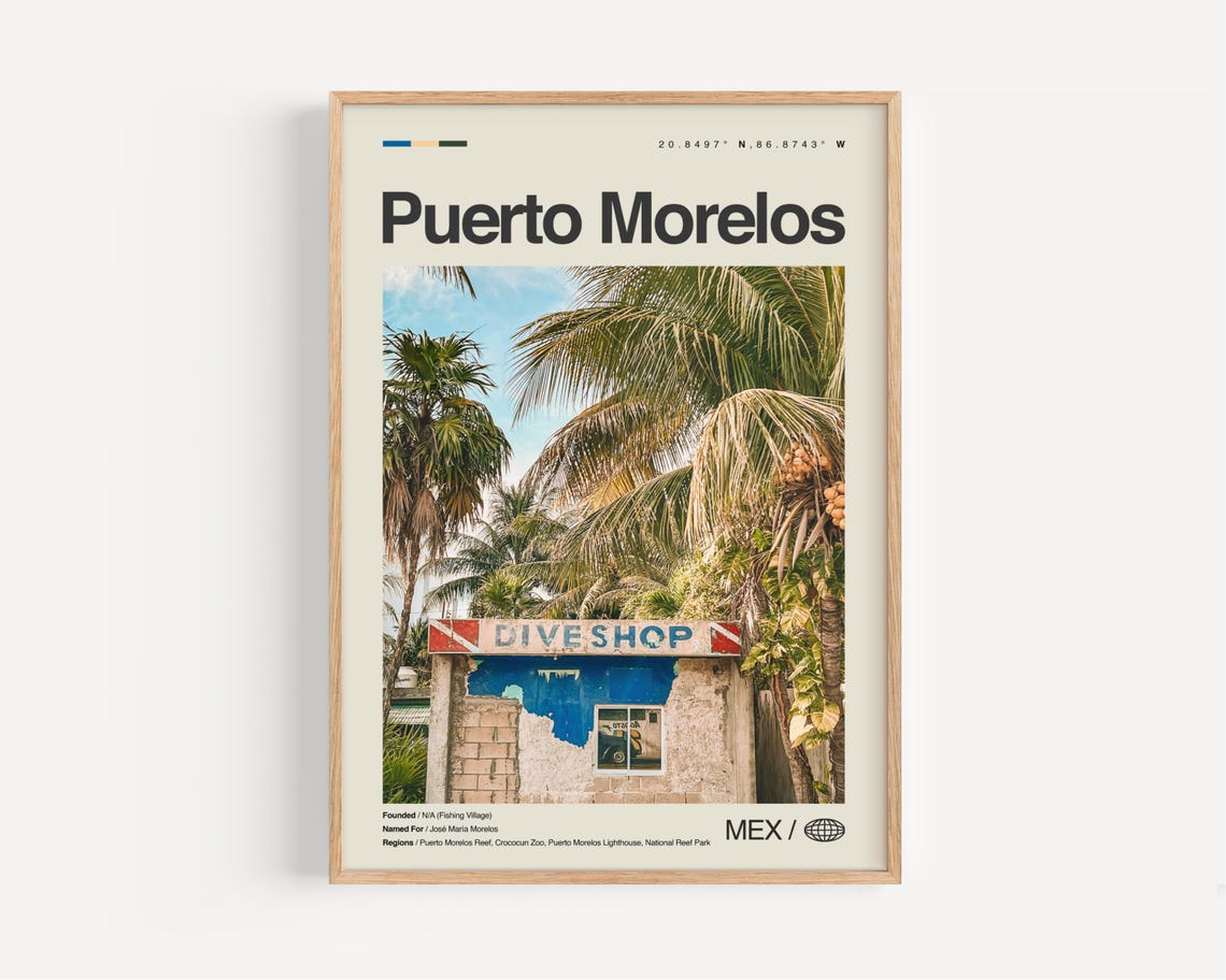 Puerto Morelos Mexico Dive Shop Under Palm Trees Travel Poster