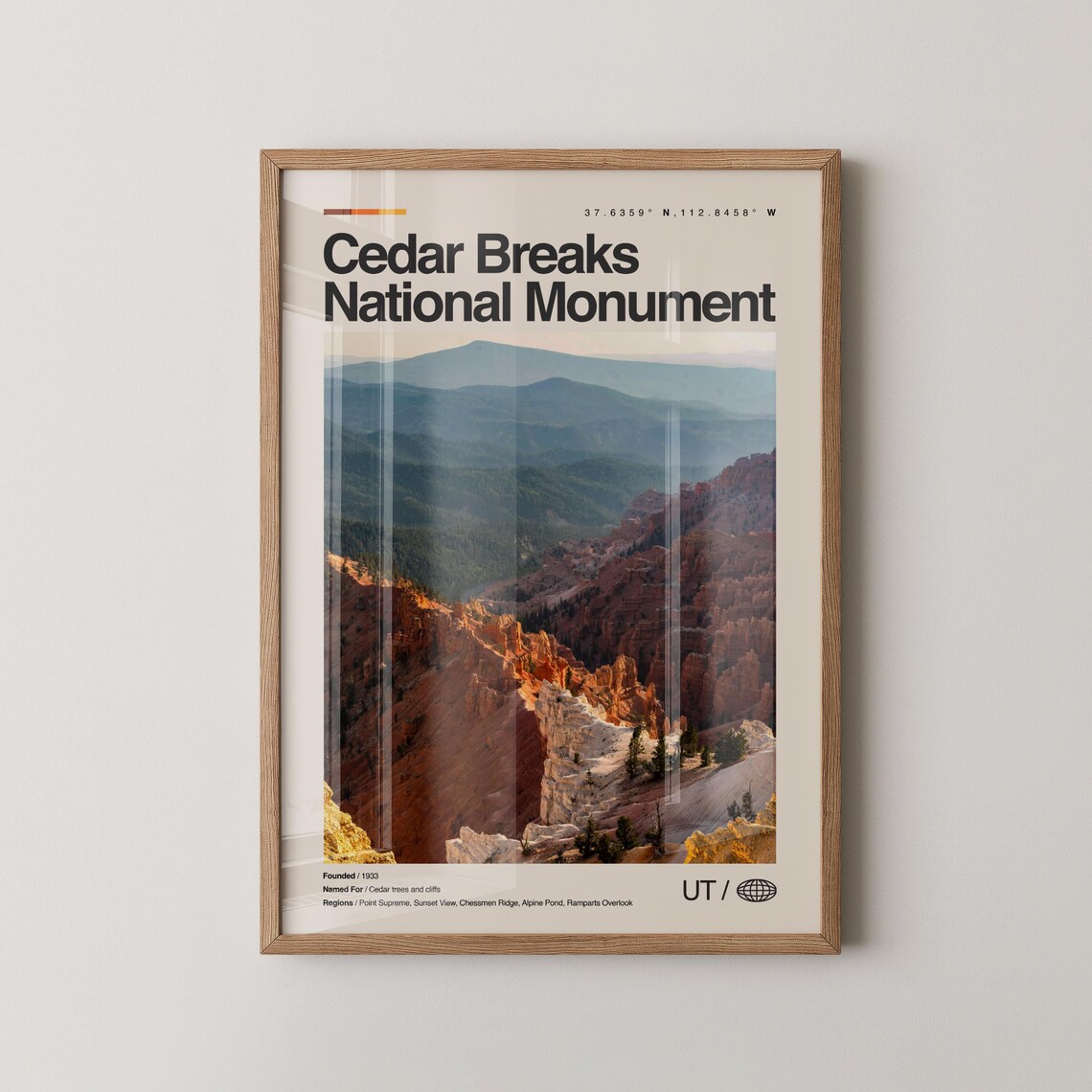 Cedar Breaks National Monument Print Real Photo Travel Art Mid Century Minimal Wall Poster Utah Map