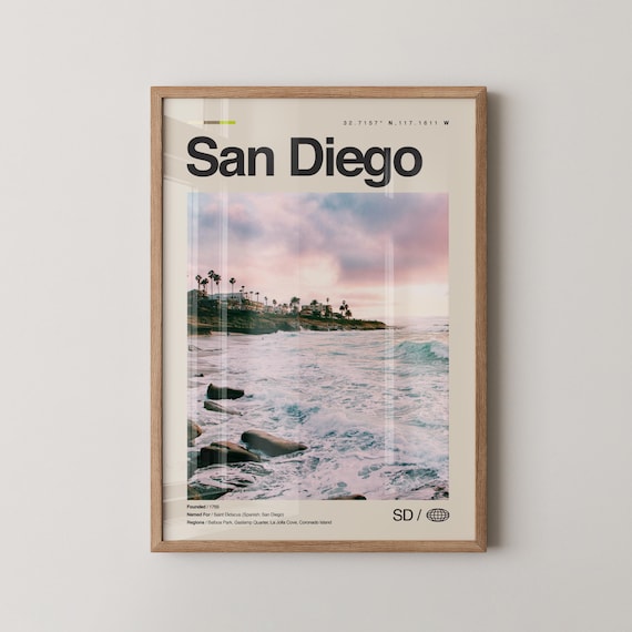San Diego California Rocky Beach Waves Sunset Minimalist Travel Poster