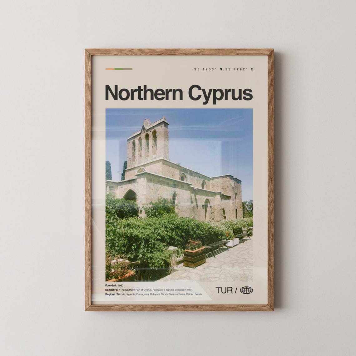Northern Cyprus Travel Poster Ancient Stone Church Photo Coordinates