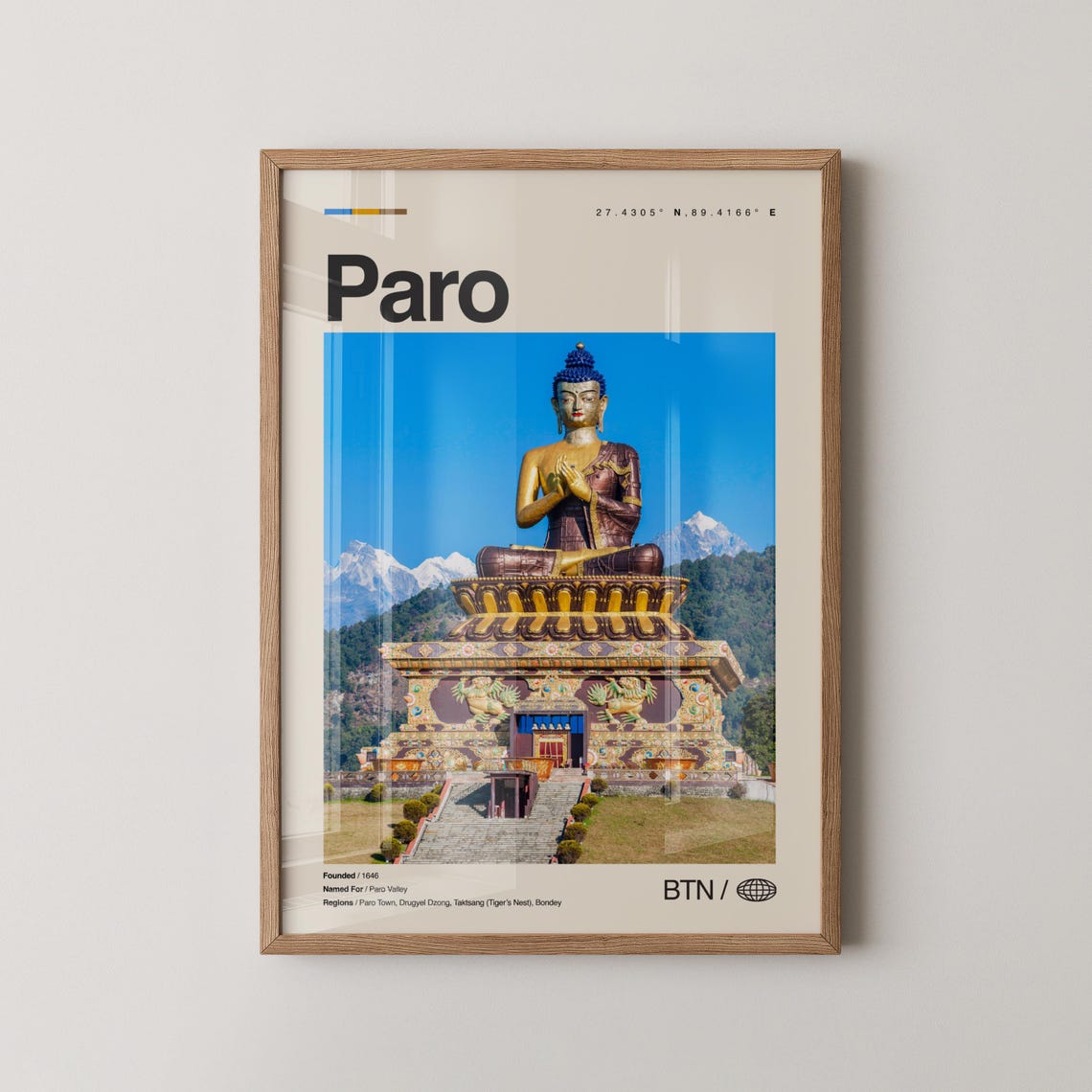 Paro Bhutan Giant Golden Buddha Himalayan Peaks Travel Poster