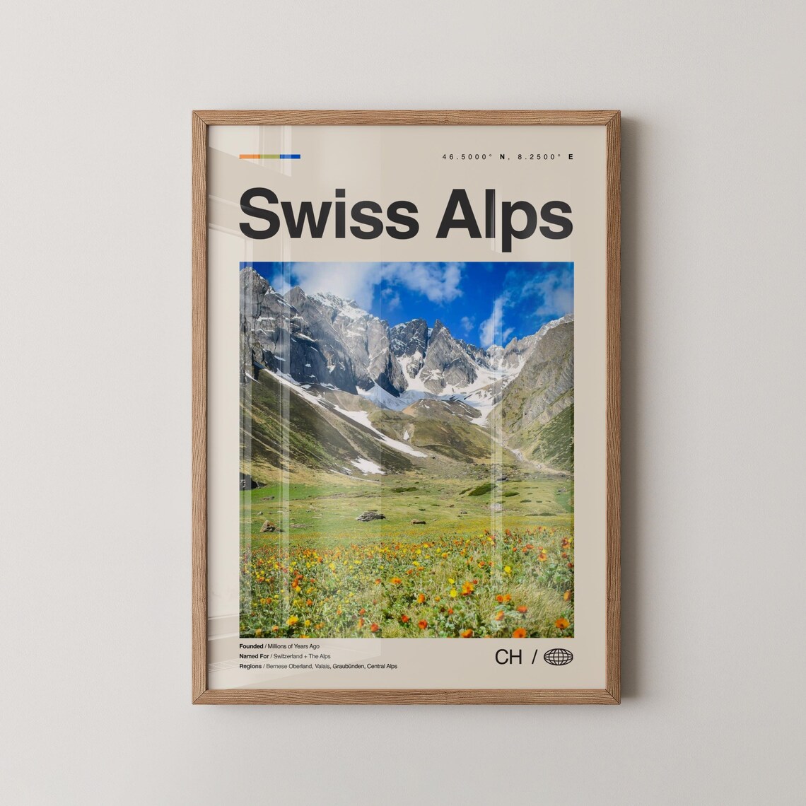 Swiss Alps Snowy Mountain Meadow Wildflowers Modern Travel Poster