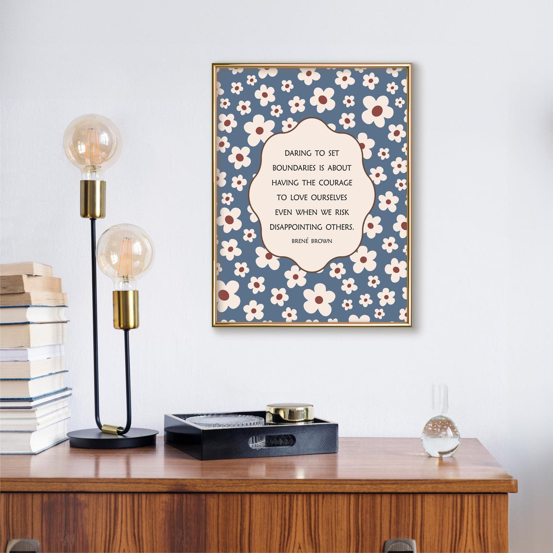 Brene Brown Boundaries Quote Retro Blue Daisy Pattern Poster