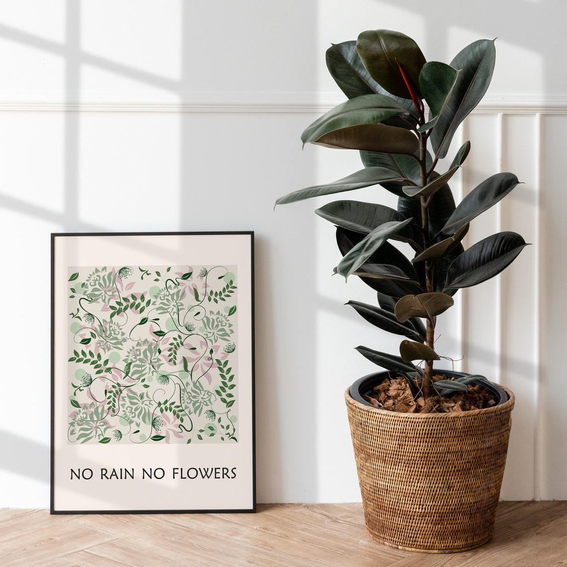 No Rain No Flowers Botanical Vine Pattern Affirmation Poster - Image 3