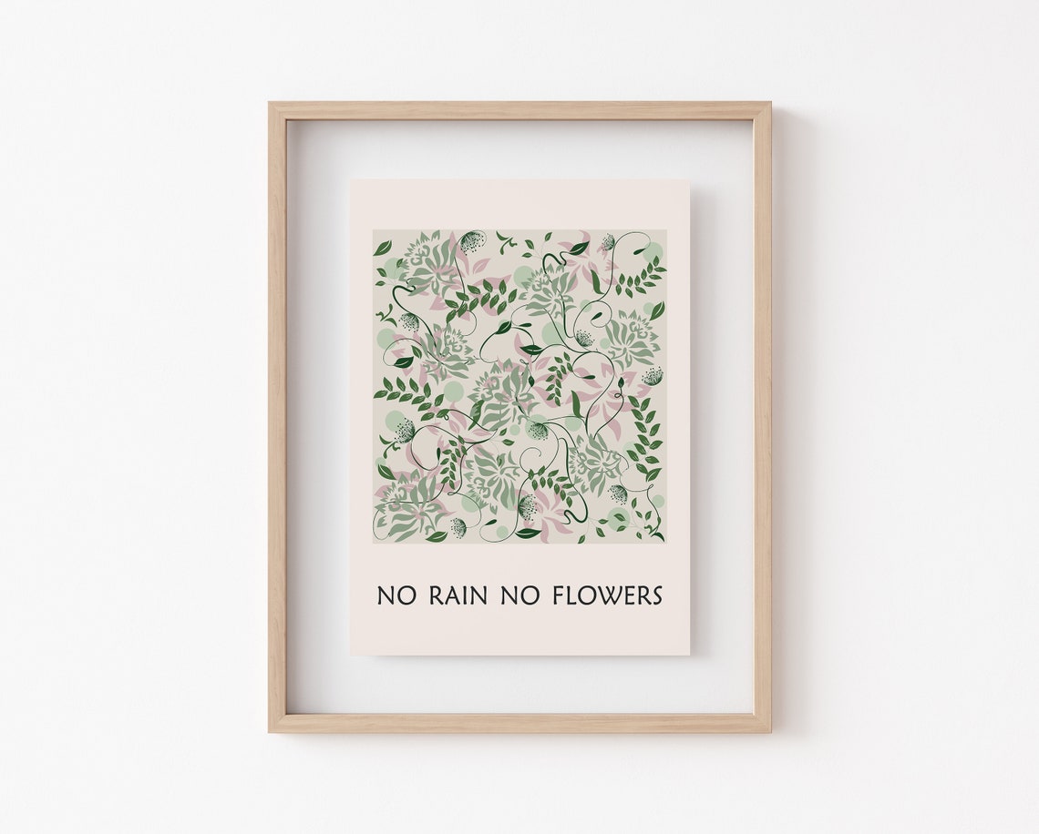 No Rain No Flowers Botanical Vine Pattern Affirmation Poster - Image 2