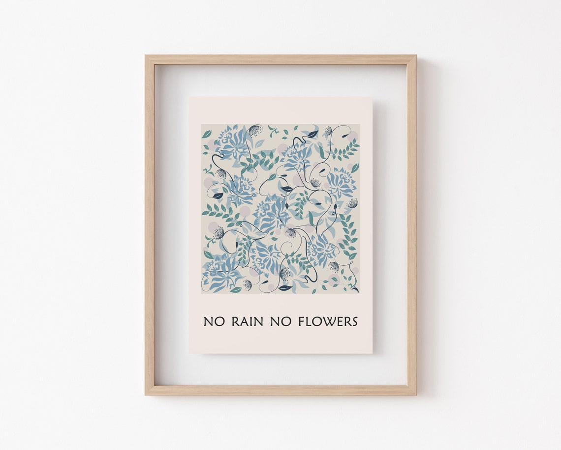 No Rain No Flowers Blue Botanical Floral Pattern Inspirational Poster