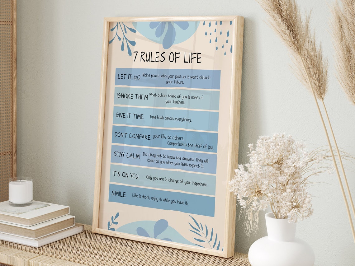 7 Rules of Life Poster Blue Botanical Motivational Quote Wall Decor - Image 3