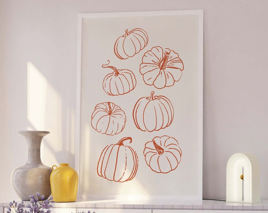 Orange Pumpkin Line Drawings Rustic Fall Art Wall Decor Poster