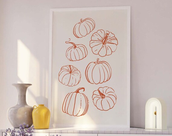 Orange Pumpkin Line Drawings Rustic Fall Art Wall Decor Poster