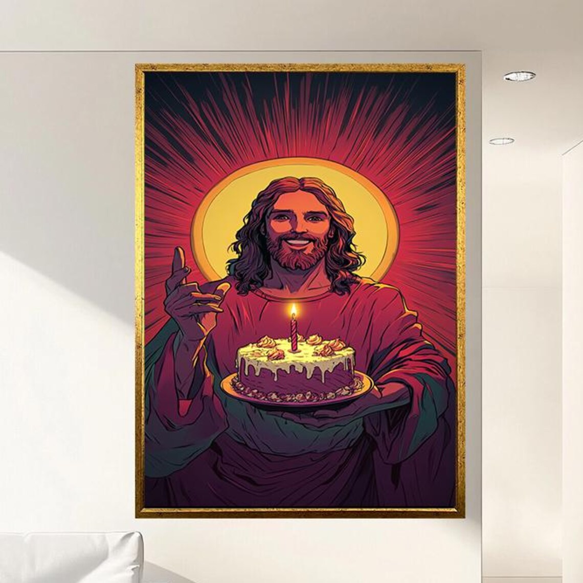 Smiling Jesus Holding Birthday Cake Religious Pop Art Poster For Celebrations