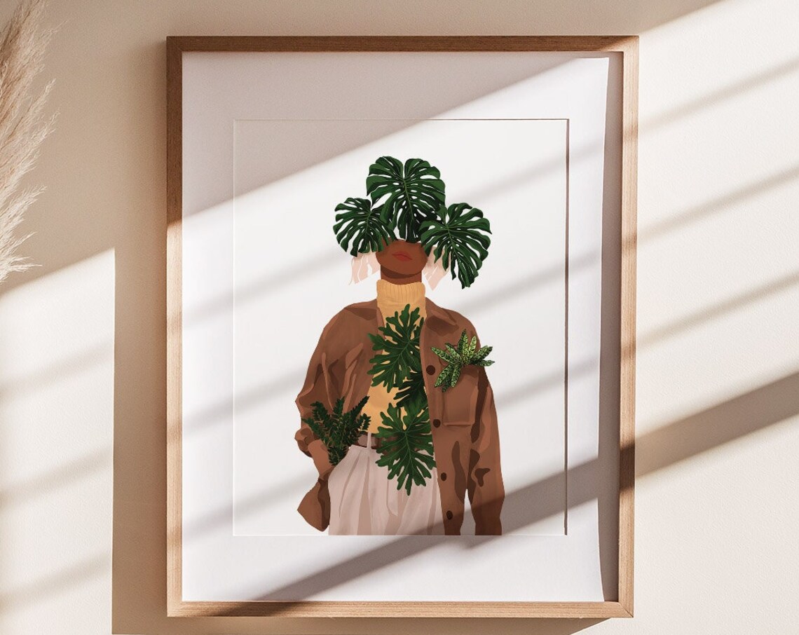 Monstera Head Fashion Woman Brown Blazer Botanical Style Poster