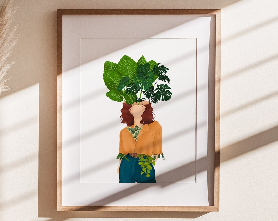 Woman Mustard Top Teal Trousers Big Leaf Head Fashion Poster