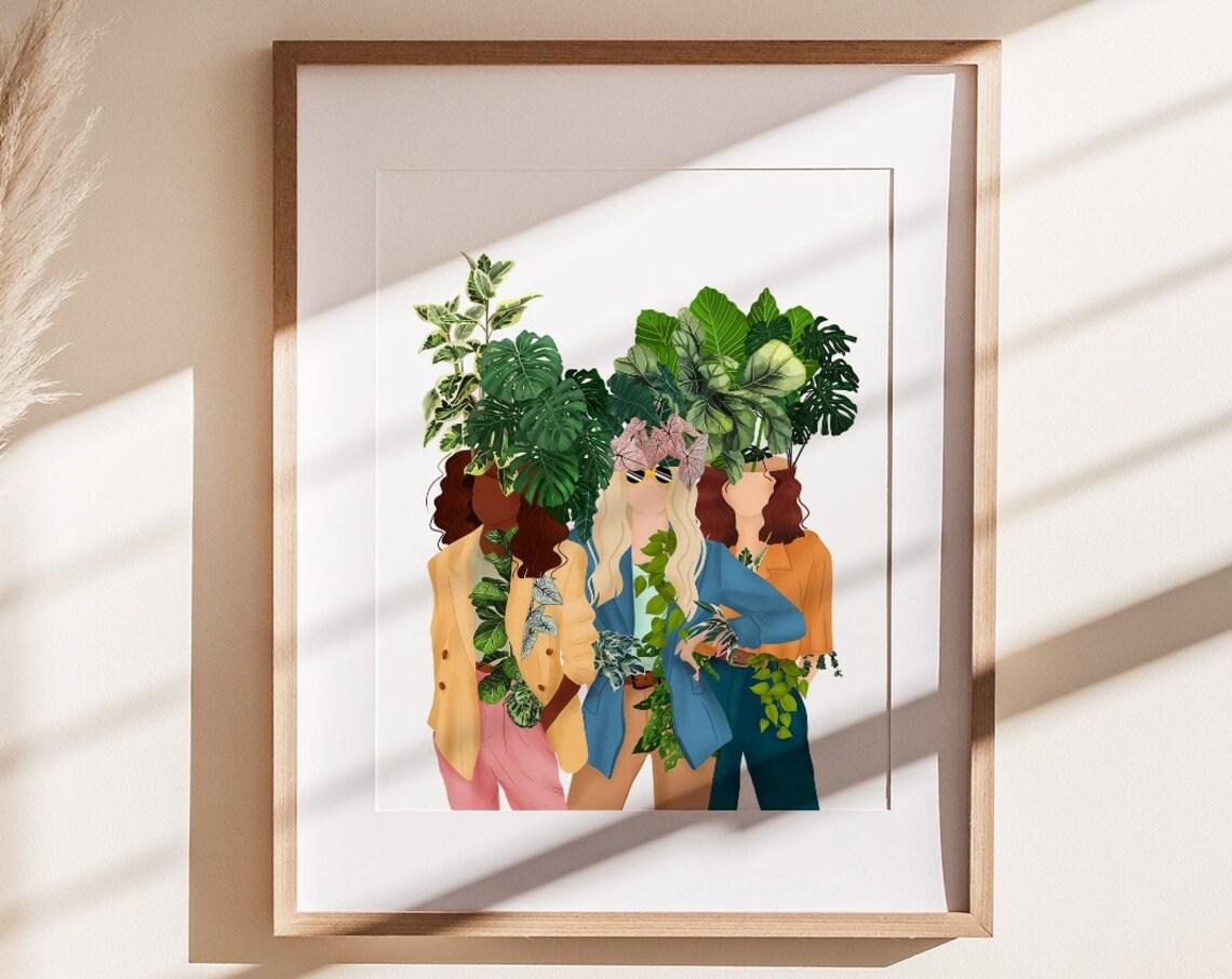 Three Fashion Women Leaf Heads Pink Bow Botanical Group Poster